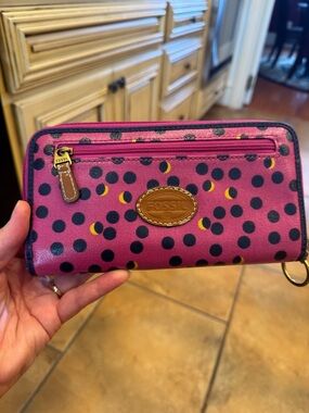 Fossil Magenta Polka Dot Zip-Around Wallet